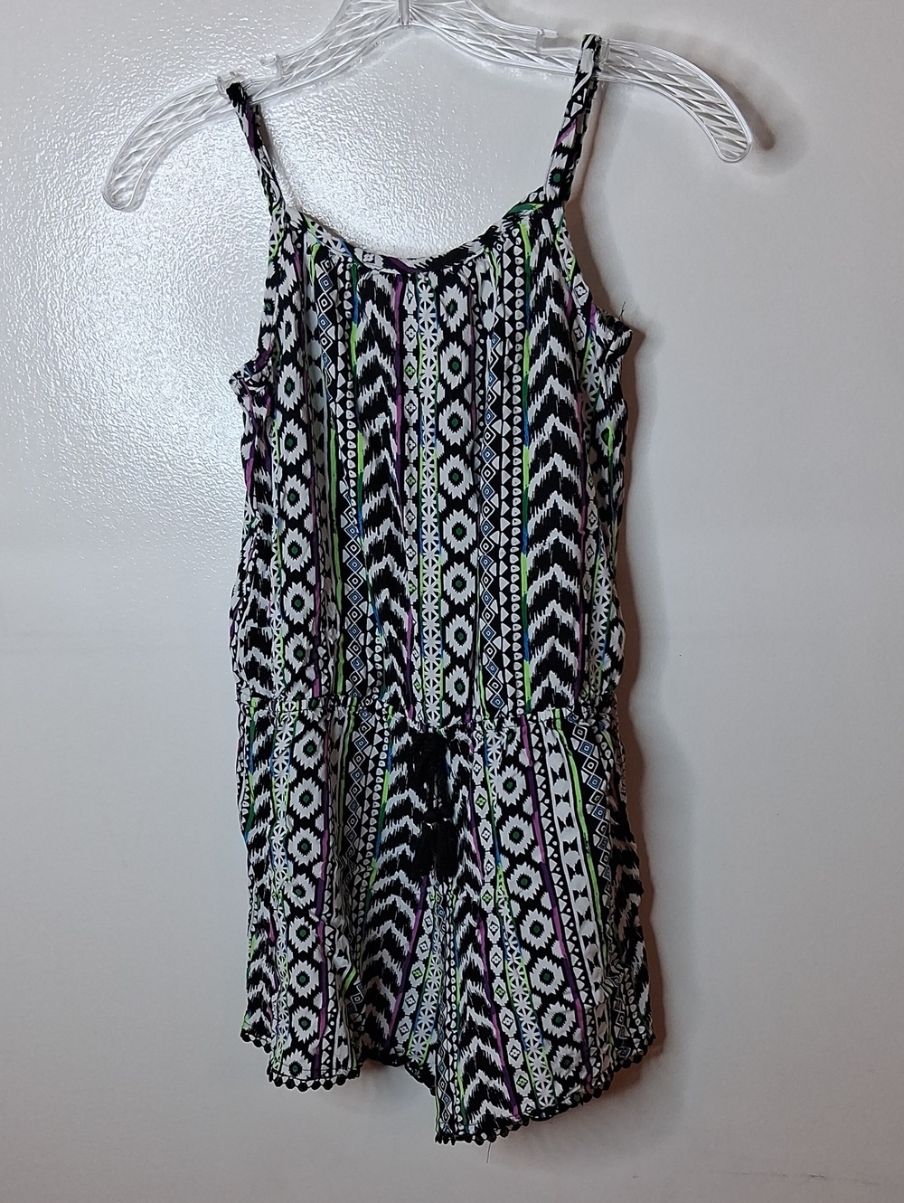 NWOT Girls' Size 16 Black Patterned One-Piece Romper with Green & Purple Accents
